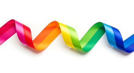 Wavy rainbow colored satin ribbon flowing horizontally isolated on white background