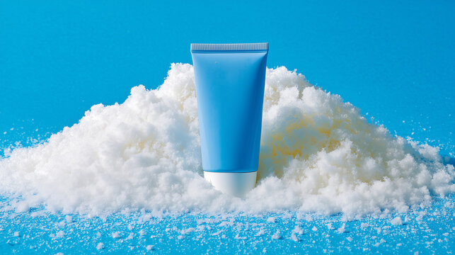 Blue hand cream tube surrounded by soft snow, ideal for self-care advertising and skincare products.