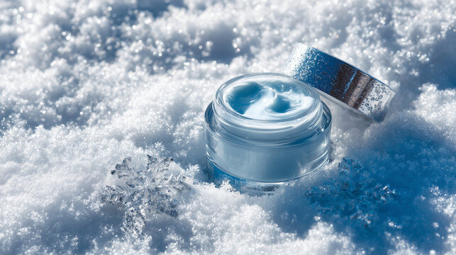 Moisturizing cream in a cold winter setting, ideal for skincare advertising. Emphasizes self-care and hydration for healthy skin.