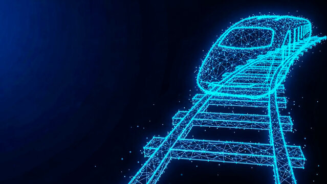 A glowing blue wireframe digital train on futuristic tracks. Illustrates high-speed transportation, technological innovation, and global networks.