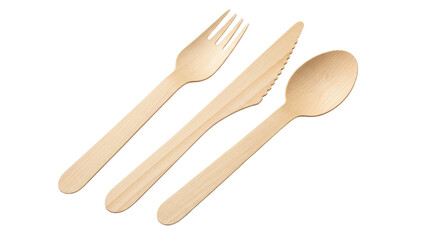 Isolated wooden cutlery set spoon fork knife environmentally friendly tableware food utensils