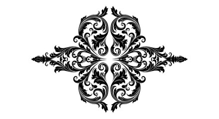 Ornate black baroque scrollwork design element with symmetrical flourishes isolated on white background