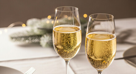Champagne glasses on table with festive decorations for celebration