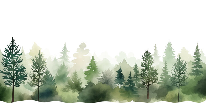 Misty forest skyline in watercolor illustration, forest silhouettes overlap in green layers, forest tree shapes fade into morning fog, tranquil woodland border for design, nature background concept