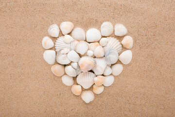 Created heart shape from white sea shells on dry light brown sand background. Closeup. Love concept. Closeup. Top down view.