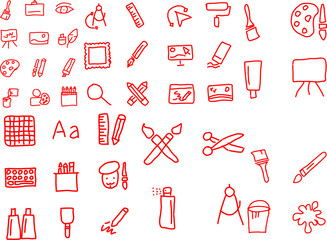Comprehensive collection of red hand-drawn art and design icons. Includes tools for painting, drawing, and digital creation in a pattern.