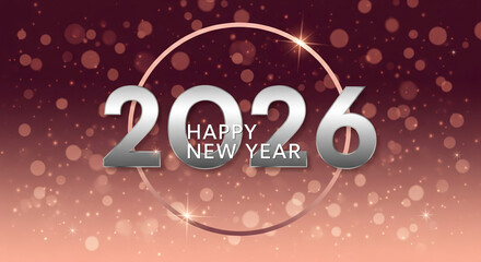 Silver "2026 Happy New Year" text centered with a circle behind it, set against a bokeh lights background, representing festive celebration, and anticipation