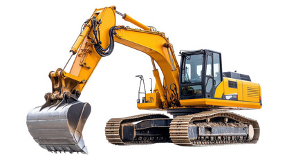 Large excavator is digging earth at a construction project, showcasing heavy machinery in action under clear skies.