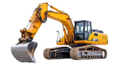 Large excavator is digging earth at a construction project, showcasing heavy machinery in action under clear skies.