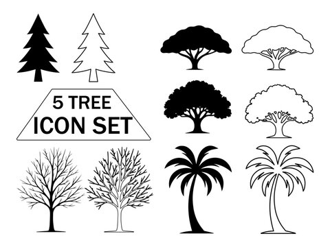 Five tree icon set with different tree types isolated