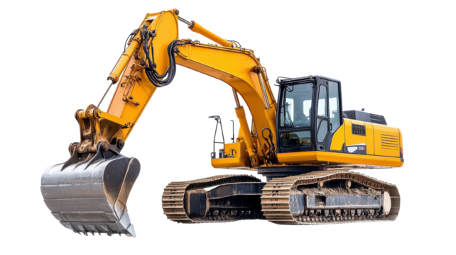 Large excavator is digging earth at a construction project, showcasing heavy machinery in action under clear skies.
