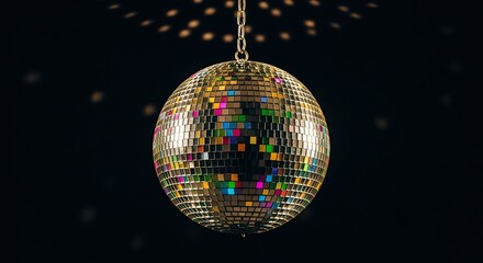 Obraz premium A glittering golden disco mirror ball suspended in darkness, casting sparkling and colorful light reflections for a festive party atmosphere