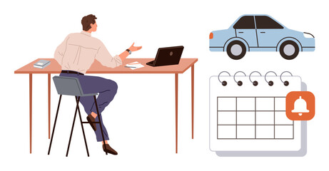 Man sitting at desk with laptop, calendar and notification icon, and car image suggesting planning, scheduling, and transportation. Ideal for productivity, time management, workplace efficiency