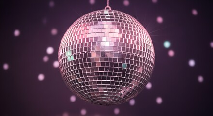 Glittering disco ball casting brilliant reflections under vibrant purple lights, whisking up a night of entertainment and festive fun