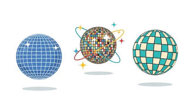 A groovy collection of three retro-style disco balls, perfect for party and celebration themes in a vibrant vector illustration set - Powered by Adobe