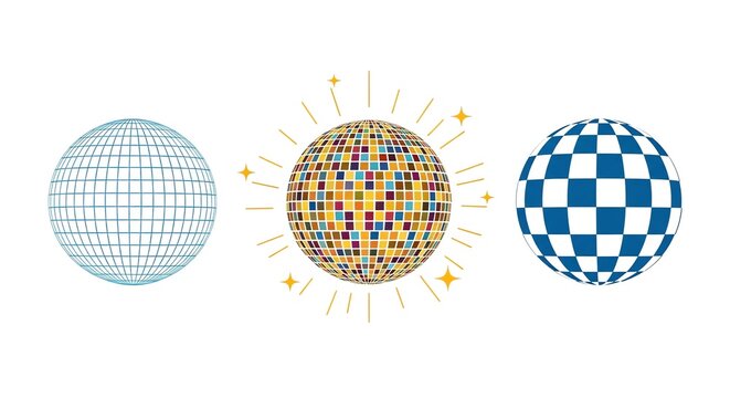 A versatile collection of three stylized disco ball icons, featuring a blue wireframe, a vibrant mosaic, and a blue checkered sphere for modern design projects