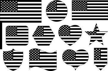 Black and white USA flag icon set in different shapes isolated on white background