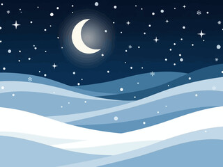 Fototapeta premium Winter night landscape with snow-covered hills and a crescent moon.