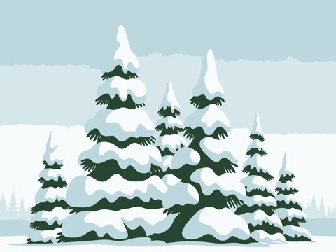 A cluster of snow-covered pine trees in a winter landscape.