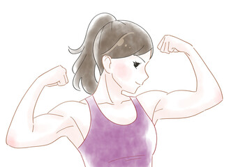 筋肉ムキムキの女性　水彩風イラスト