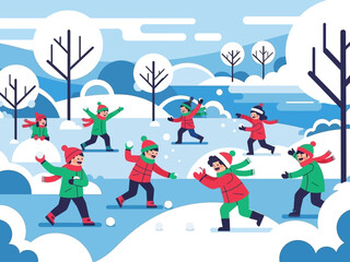 Fototapeta premium Children having a fun snowball fight in the snow.