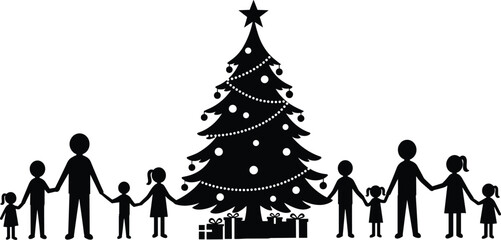 Black silhouette of a family holding hands around a decorated Christmas tree with presents