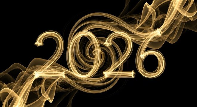 Golden light painting of the year 2026 on black background