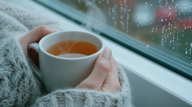 Woman holding a warm cup of tea while sitting by a rainy window