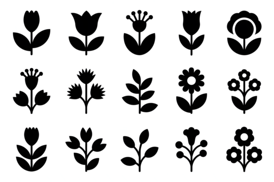 Collection of Black Floral Silhouettes isolated on a transparent background