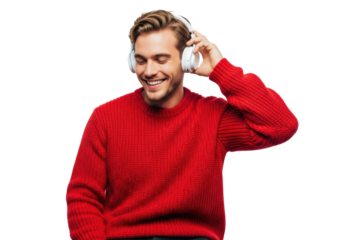 Young handsome caucasian man in a vibrant red chunky knit sweater and sleek white wireless headphones, smiling contentedly in a clean studio setting. Modern lifestyle concept