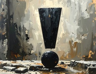 Bold black exclamation point against a textured, abstract, grimy gray and tan painted background