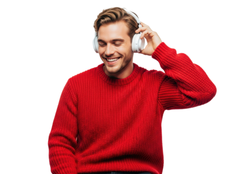 Young handsome caucasian man in a vibrant red chunky knit sweater and sleek white wireless headphones, smiling contentedly in a clean studio setting. Modern lifestyle concept