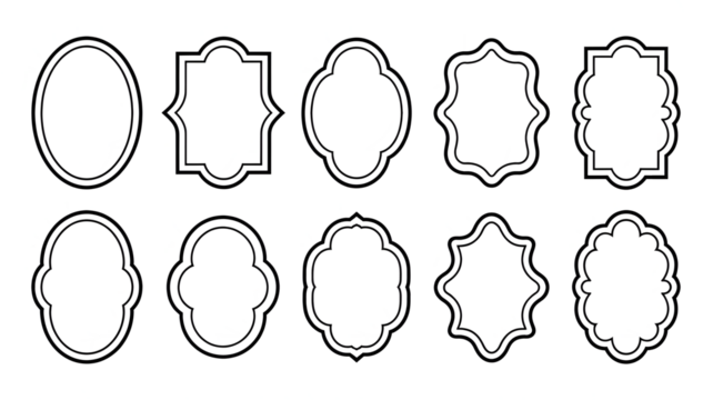 Ten unique stylized decorative frames isolated on a transparent background