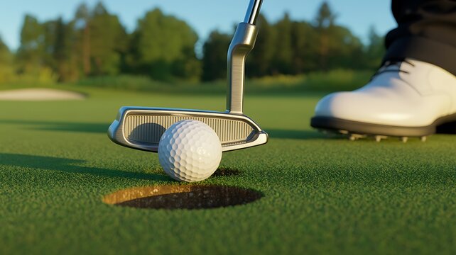 Golf ball near hole with player putting on green course