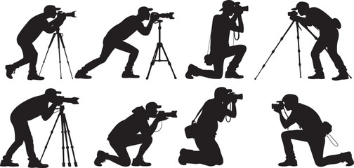 Silhouette of photographers in various poses with cameras and tripods