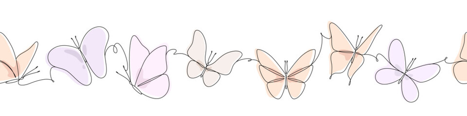 Seamless horizontal border with butterflies. Line Art. Vector.
