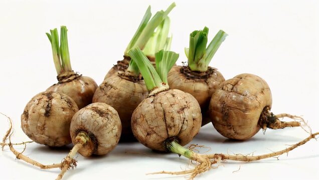 Cinematic 4K close up footage of fresh maca roots also known as Peruvian ginseng isolated on a white background highlighting organic textures and natural medicinal properties for health culinary or