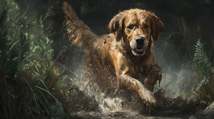 A muddy golden retriever enjoying a summer day with high details