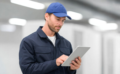 Serious worker holding digital tablet to check inventory stock while standing in factory warehouse and looking focused