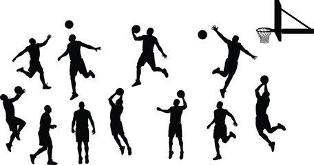 Black silhouettes of basketball players in various action poses with a basketball hoop