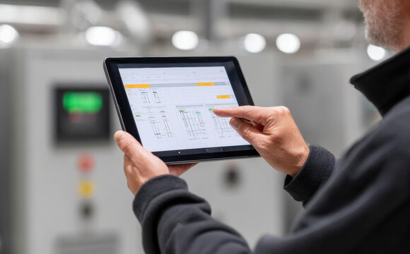Professional technician hand checking maintenance data on tablet screen in factory plant while working with smart control system for industrial automation and manufacturing monitoring process