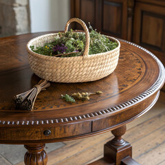 antique oak table round woven straw basket