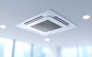 White ceiling mounted cassette air conditioner installed modern room office interior showing concept of cooling system, fresh air ventilation, climate control, energy saving and electric appliance