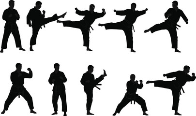 Black silhouettes of martial artists performing karate kicks and stances martial arts