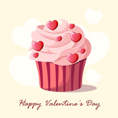 Happy Valentine's Day. A festive cupcake with hearts. Vector.
