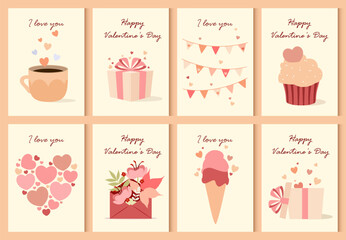 A set of cute Valentine's Day cards. Flat design. Vector.