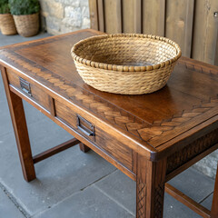 antique oak table round woven straw basket