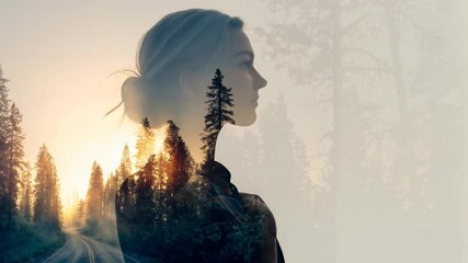 Double exposure woman and forest with engaging atmosphere subtle details expressive mood and strong commercial appeal suitable for creative projects advertising campaigns branding visuals