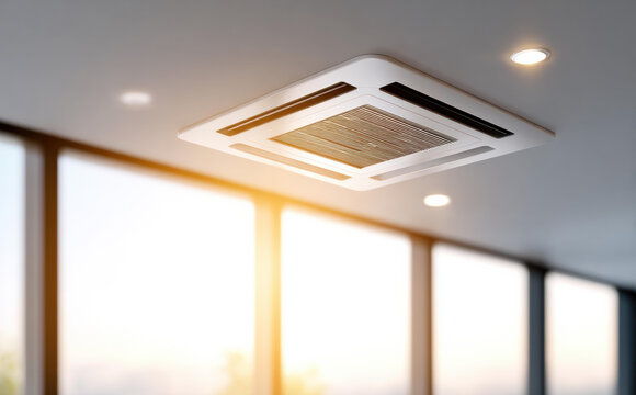 Ceiling cassette air conditioner on white ceiling in modern room with bright sunlight from large windows and warm comfortable atmosphere in summer