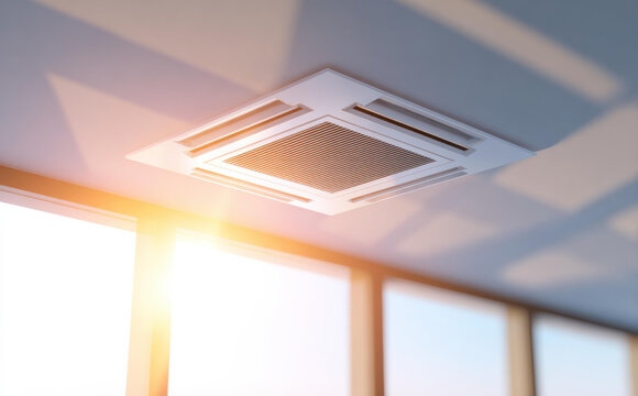 Modern ceiling cassette air conditioner system providing fresh cooling ventilation in an office interior during hot summer day with bright sunlight beaming through window glass